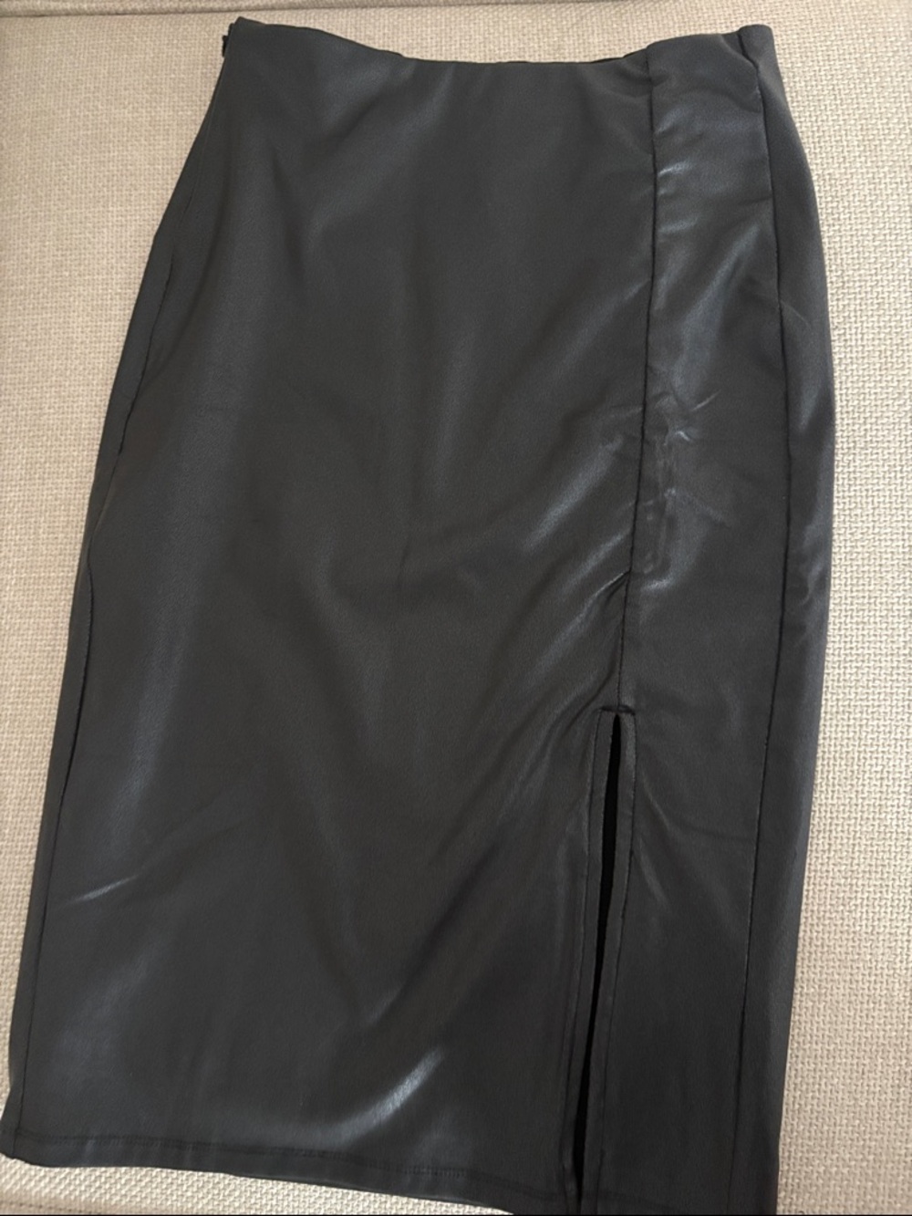 Black Faux Leather Pencil Skirt with Front Slit